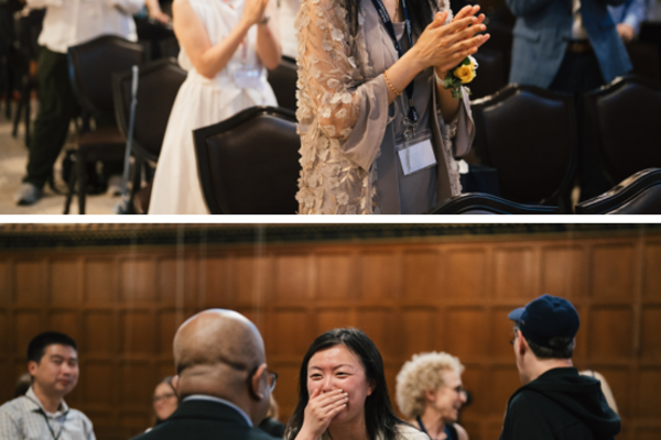 2 photos of groups of people laughing and smiling