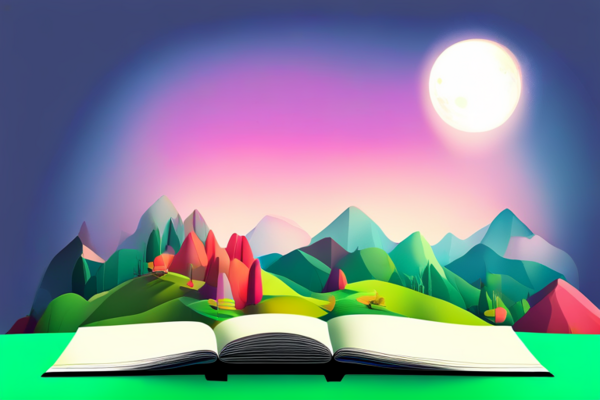 Clip art of sun shining down on an open book with mountains in the background