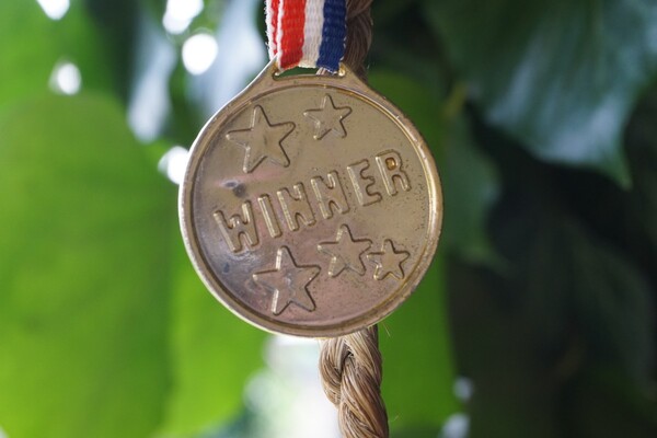 Gold medal that reads "winner" hanging in front of greenery