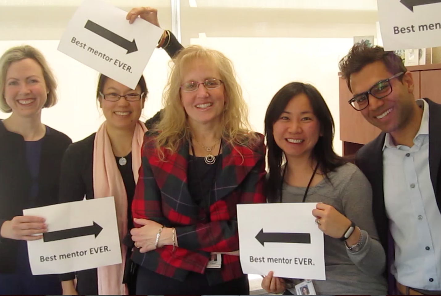 Image of DoM faculty smiling. From left to right: Dr. Andrea Page, Dr. Catherine Yu, Dr. Sharon Straus, Dr. Camilla Wong, Dr. Samir Gupta