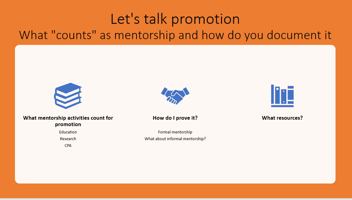 Screenshot of Powerpoint detailing How to Make mentorship count for promotion